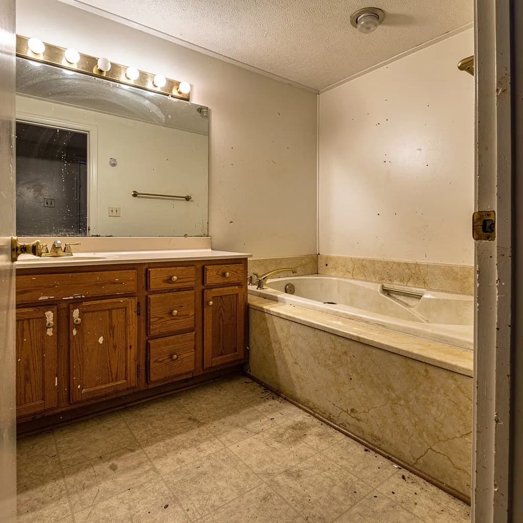 Before: A Centreville primary bath with a bulky corner tub, faded cultured marble, and builder-grade oak cabinets the owners had lived with for two decades.