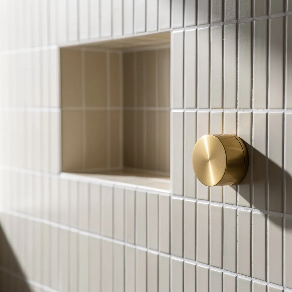Built-in shower niche with perfectly aligned grout lines framing a brass control dial.