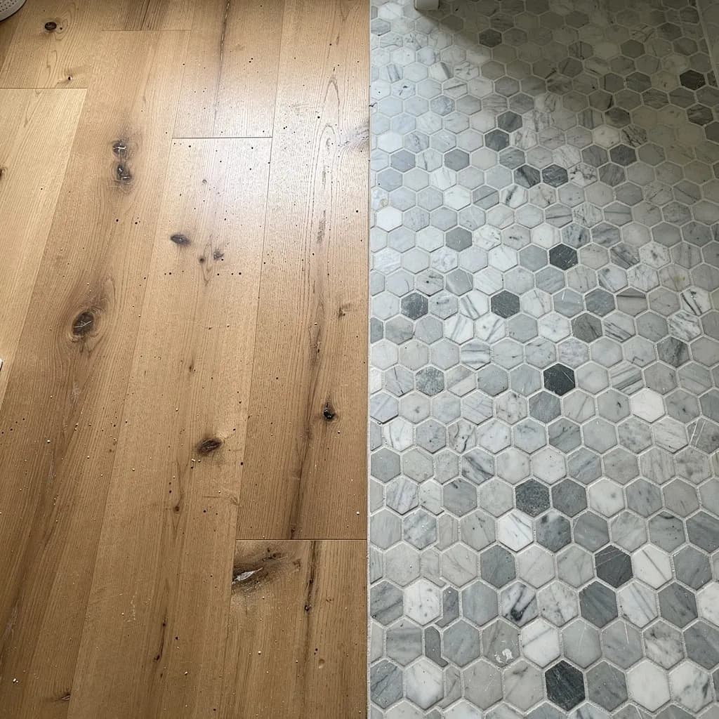 A flush, gap-free transition from oak hardwood into geometric marble mosaic.