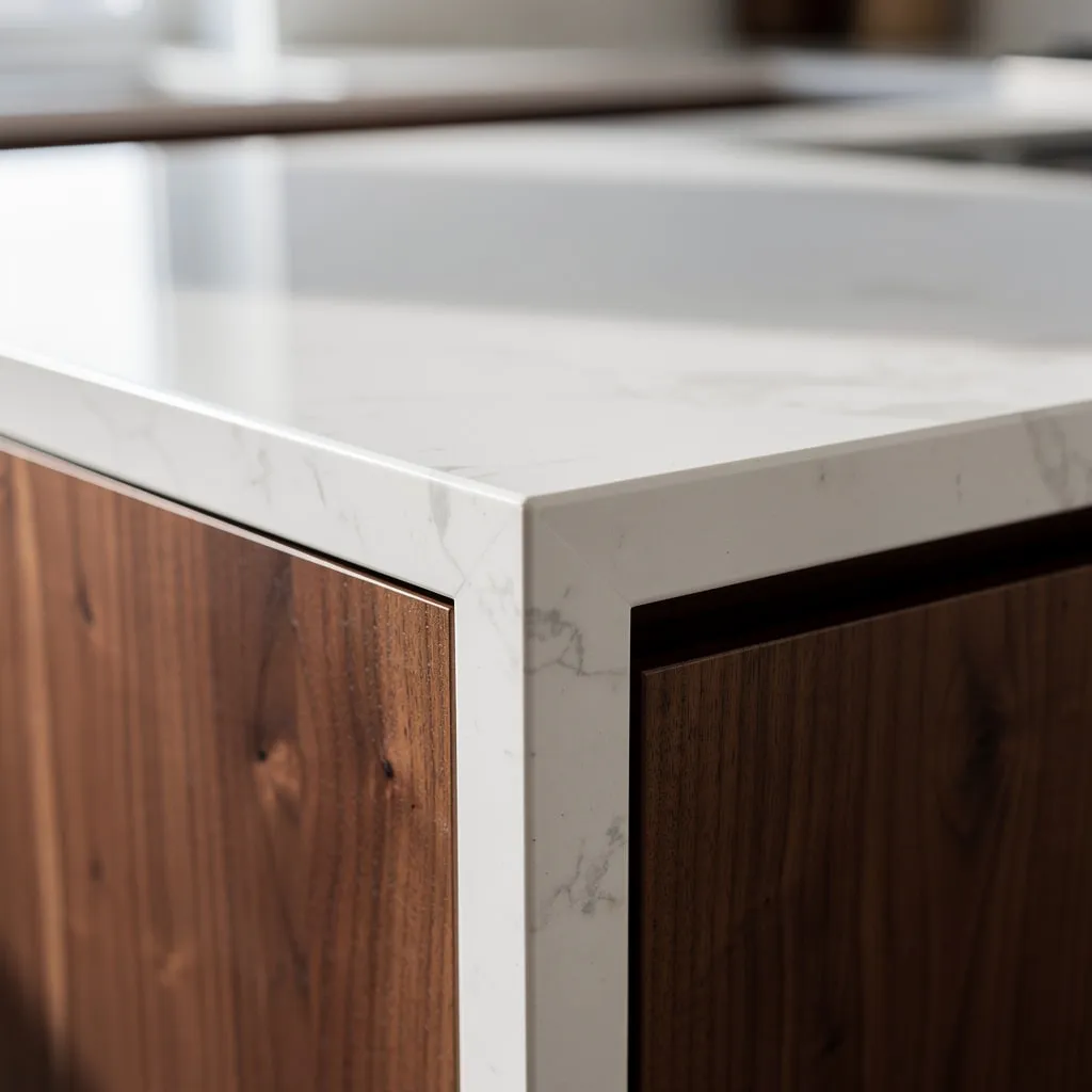White quartz waterfall edge meeting a walnut cabinet base — the seam you'll never find.