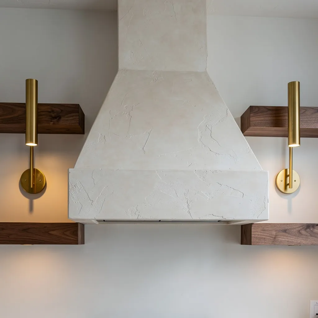 Custom plaster range hood flanked by floating walnut shelves and brass sconces.